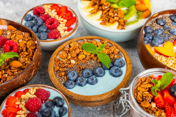 Bowl of granola with yogurt and fresh berries on a texture table. Yogurt berries, acai bowl, spirulina bowl. Healthy food, balanced breakfast. Strawberries, blueberries, kiwi, peach, almonds and chia.