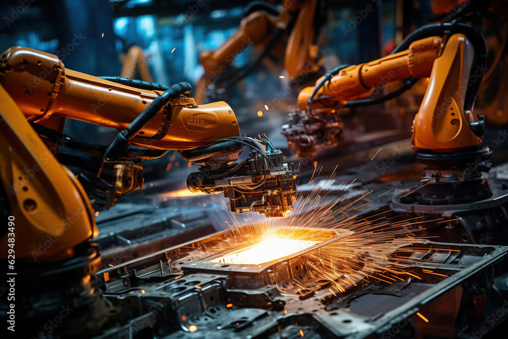 Poster smart industry robot arms for digital factory production technology showing automation manufacturing