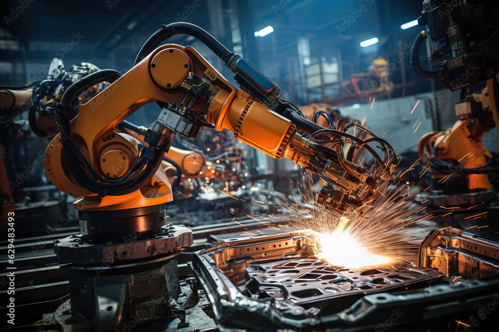 Poster smart industry robot arms for digital factory production technology showing automation manufacturing