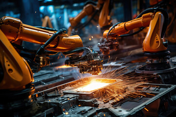 Smart industry robot arms for digital factory production technology showing automation manufacturing process and IOT software to control operation .