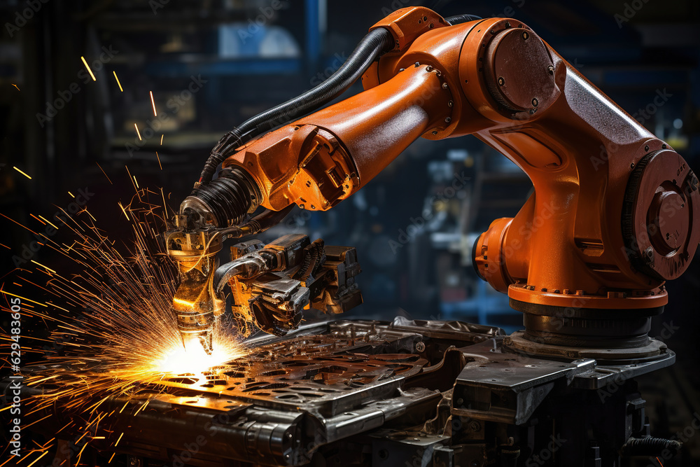 Poster robots machine welding, sparking in automotive part factory