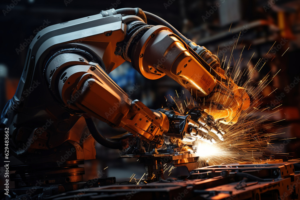 Poster robots machine welding, sparking in automotive part factory
