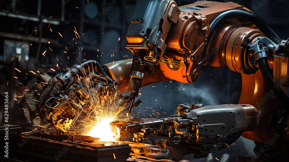 Poster robots machine welding, sparking in automotive part factory