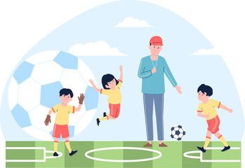 Kids playing football with trainer, soccer players scene. Cartoon children and ball, sport workout in school class. Outside activity recent vector concept