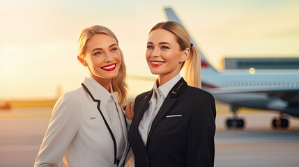 Two Cheerful Women Stewardesses Standing Outdoors at the Airport