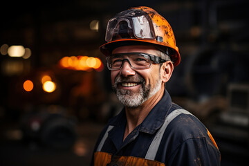 Portrait of Professional Heavy Industry Engineer / Worker Wearing Safety Uniform, Goggles and Hard Hat Smiling. In the Background Unfocused Large Industrial Factory