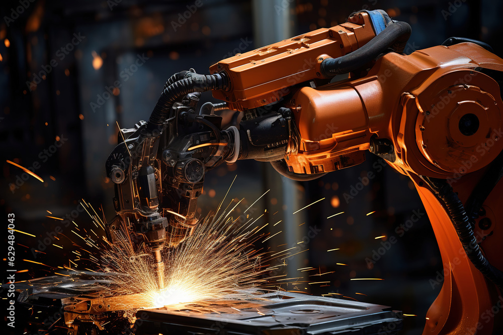 Poster robots machine welding, sparking in automotive part factory