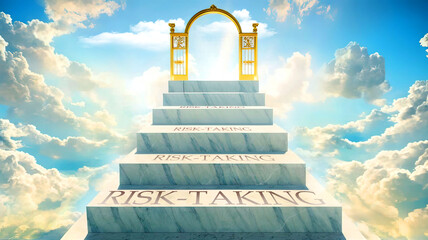 Risk taking as stairs to reach out to the heavenly gate for reward, success and happiness. Risk taking elevates and leads to the glorious end, Generative AI,3d illustration