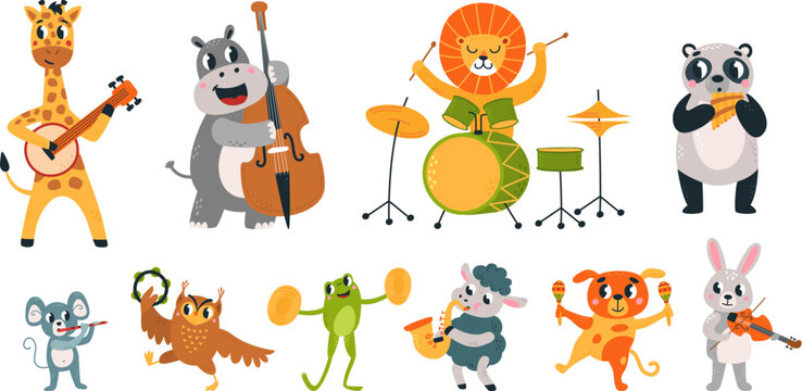 Performing animal musician party. Funny animals play music concert. Musical instruments, cartoon wildlife musicians, zoo classy vector characters