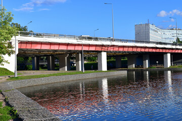 Automobile bridge across the river Skhodnya to Zelenograd in Moscow, Russia