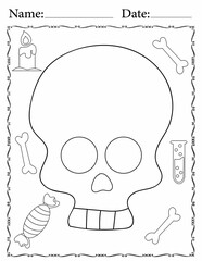 printable doodle kawaii  Halloween coloring page for kids and adults contains a ghost, witch hat, cat, spider, candy, skull, bat, spells, and pumpkin