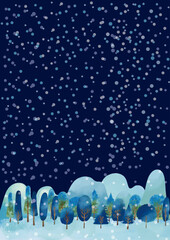 水彩タッチ　冬の山並み雪降る聖なる夜　背景フレーム　縦