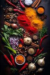 Top view of cooking ingredients, colorful variety of spices, herbs and other ingredients - 629484443