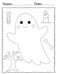 Halloween coloring page for kids and adults contains a ghost, witch hat, cat, spider, candy, skull, bat, spells, and pumpkin