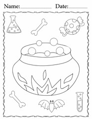 kawaii doodle Halloween coloring page for kids and adults contains a ghost, witch hat, cat, spider, candy, skull, bat, spells, and pumpkin