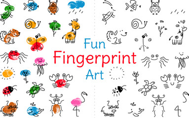Fingerprint art paint game for children. Nursery educational printing sheet, school kindergarten drawing activity. Kids prints classy vector template