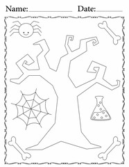 printable funny doodle Halloween coloring page for kids and adults contains a ghost, witch hat, cat, spider, candy, skull, bat, spells, and pumpkin