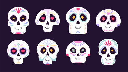 Dead day sugar skulls. Scary skull, tattoo decor or mexican fiesta decorative elements. Mexico spooky symbols, halloween racy vector set