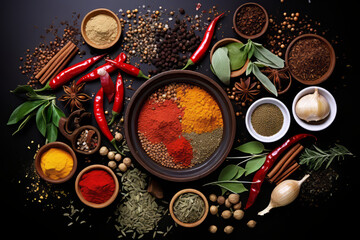 Fototapeta na wymiar Top view of cooking ingredients, colorful variety of spices, herbs and other ingredients