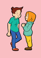 Love tenderness and romantic feelings concept. Young loving smiling couple boy and girl standing hugging embracing each other feeling in love illustration 
