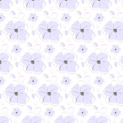 Seamless pattern with contoured purple flowers. Abstract hand-drawn design. Modern art for posters, social networks, fabrics, covers, textiles, wrapping paper. Vector illustration