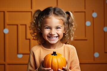 Fototapeta premium playful cute little girl holding Halloween pumpkin made with generative ai technology