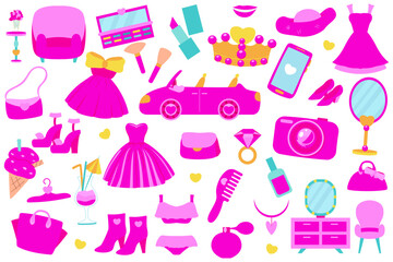 set of things in pink colors, cosmetics, clothes, furniture, transport, decorations, phone, mirrors, bright illustrations, vector collection, flat style 