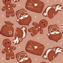 gingerbread pattern, santa, reindeer, gifts, gingerbread man, food 