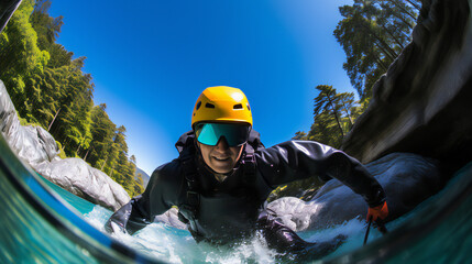 Canyoning Extreme Sport. bright colors. Wide lens style. Generative AI.
