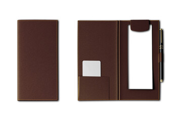 Blank Brown leather Bill folder mockup isolated on white background. check holder restaurant.3d rendering.