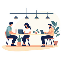 Flat 2D illustration of people working at a co-working office