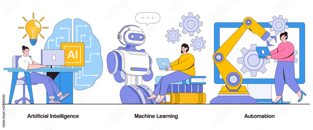 Poster artificial intelligence, machine learning, automation concept with character. smart technology abstr