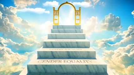 Gender equality as stairs to reach out to the heavenly gate for reward, success and happiness. Gender equality elevates and leads to the glorious end, Generative AI,3d illustration