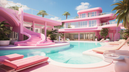 Fototapeta na wymiar Pink luxury house with pool for a doll. A house for a blonde