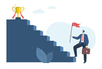 The first step to start, difficult path is the path to beautiful rewards The challenge to goals and starting, Businessman started walking up the stairs in search of a trophy. Vector illustration.