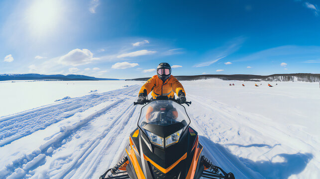 Snowmobile riding Extreme Sport. bright colors. Wide lens style. Generative AI.