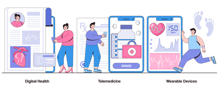 Digital Health, Telemedicine, Wearable Devices Concept With Character. Healthcare Technology Abstract Vector Illustration Set. Wellness, Monitoring, Connected Care Metaphor