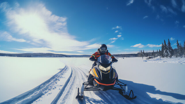 Snowmobile Extreme Sport. bright colors. Wide lens style. Generative AI.