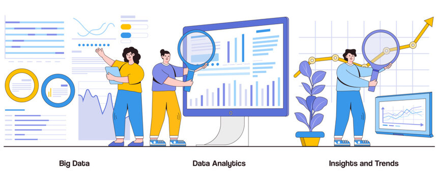 Big Data, Data Analytics, Insights and Trends Concept with Character. Data-Driven Decisions Abstract Vector Illustration Set. Information, Analysis, Business Intelligence Metaphor