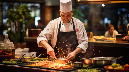 A chef is demonstrating his cooking methods in the restaurant, attracting many customers to come and taste - obrazy, fototapety, plakaty