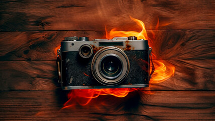 Old retro camera on wooden background with fire flames. Top view.