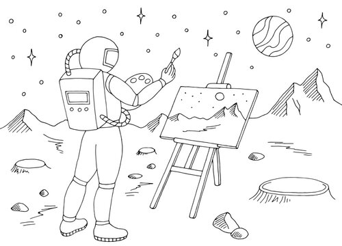 Astronaut painting a picture on alien planet graphic black white space landscape sketch illustration vector