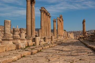 Jordan, Gerasa (Jerash) is ancient city that is six and a half thousand years old. Main street of Jerash is Cardo Maximus. Cardo Maximus is perfectly straight street with high columns along sides