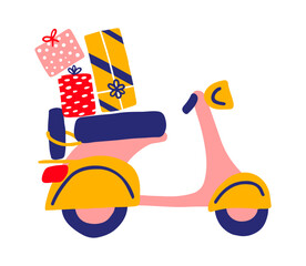 Noel postcard with retro cartoon scooter. Motorbike with shopping and gifts for Christmas. Vector illustration for card, cover, t shirt, bag.