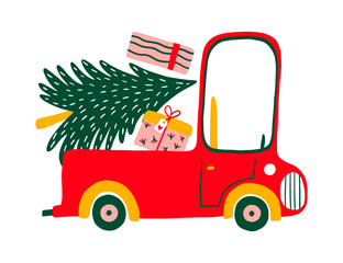 Greeting postcard with retro cartoon pickup car. Red truck with christmas tree, shopping and gifts for Christmas. Vector illustration for card, cover, t shirt, bag.