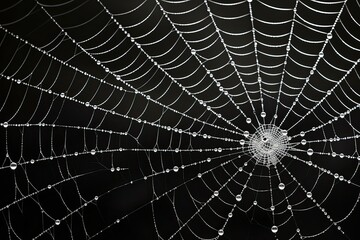 Obraz premium White spider web with water drops on a black background. Halloween theme.