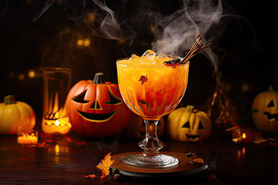Yellow cocktail with jack pumpkin on a dark smoky background. Halloween theme drinks concept.