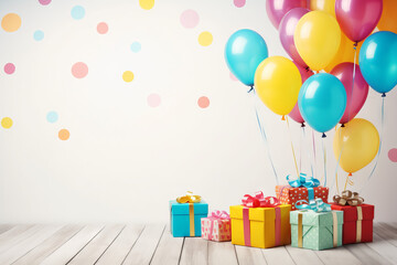 Colorful child birthday card with balloons and gifts, with space for text - 629488004