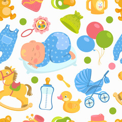 Cartoon baby accessories seamless pattern. Nursery objects. Sleeping cute newborn toddler in romper. Toys and clothing. Infants stroller. Milk feeding bottle. Splendid vector background
