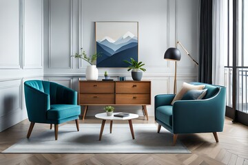 Stylish compositon of modern living room interior with frotte armchair, wooden commode, side table and elegant home accessories. Home staging. Template.